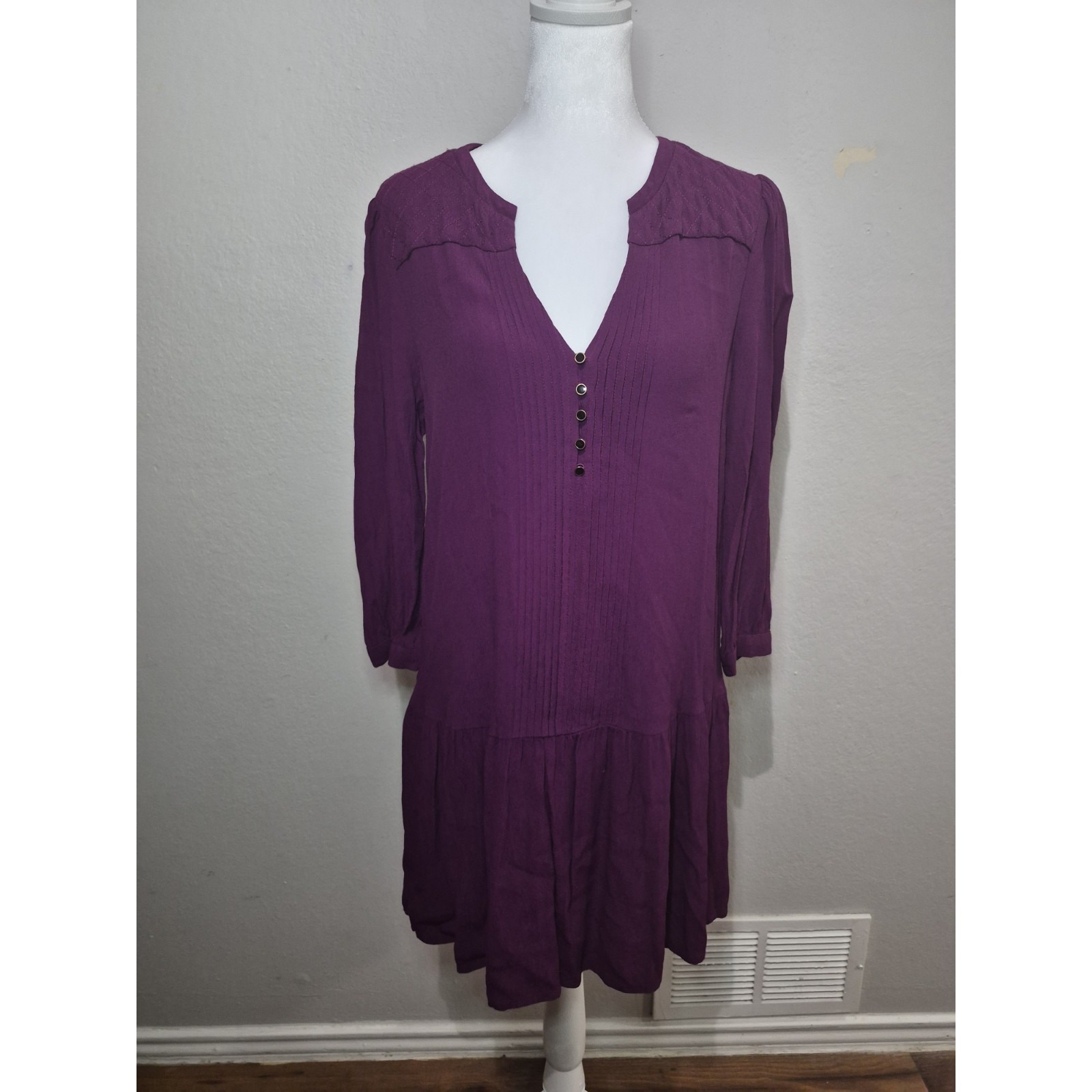 Maeve Anthropologie Galina Drop Waist Purple Dress Pleated V Neck Sz Med Pockets